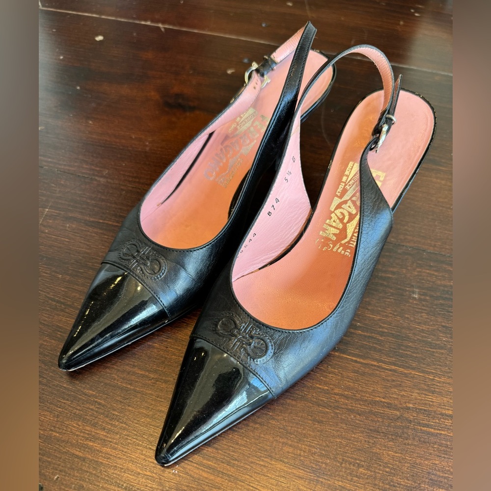Ferragamo slingback patent and leather kitten heels